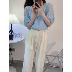 韩系方领减龄洋气拼接网纱立体花朵衬衫女纯色泡泡袖上衣