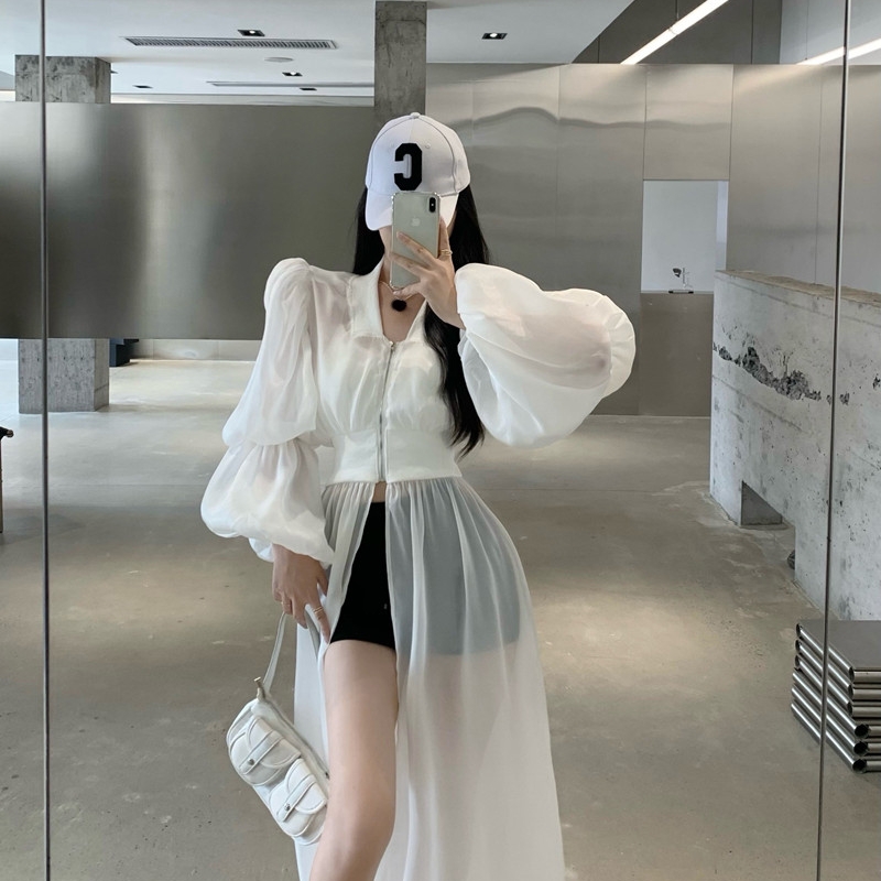 法式泡泡袖中长款防晒开衫女装夏季新款薄款外套紫色雪纺上衣