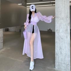 法式泡泡袖中长款防晒开衫女装夏季新款薄款外套紫色雪纺上衣