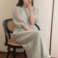 法式温柔风高级连衣裙新款夏泡泡袖气质裙子重工白色长裙子女