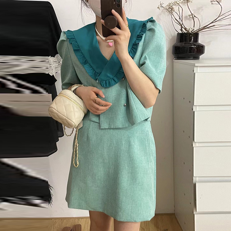 韩国chic夏季撞色翻领拼接花边两粒扣短衬衫+高腰显瘦半身裙套装