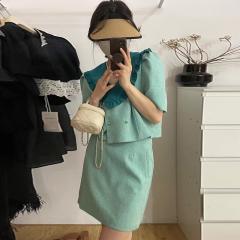 韩国chic夏季撞色翻领拼接花边两粒扣短衬衫+高腰显瘦半身裙套装