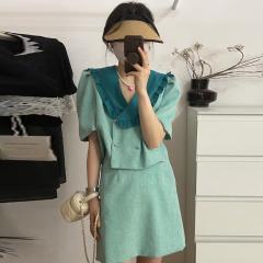 韩国chic夏季撞色翻领拼接花边两粒扣短衬衫+高腰显瘦半身裙套装