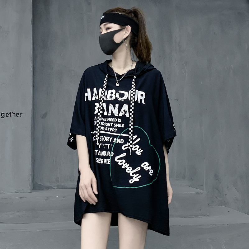 黑色炸街短袖t恤女夏连帽中长款t恤裙酷帅风格宽松上衣服
