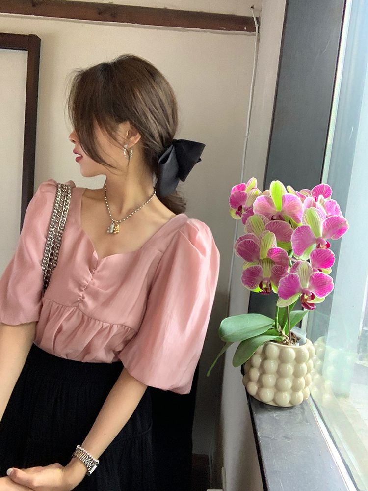 嫩粉色甜美娃娃衫女上衣夏独特别致小衫天丝显瘦短袖