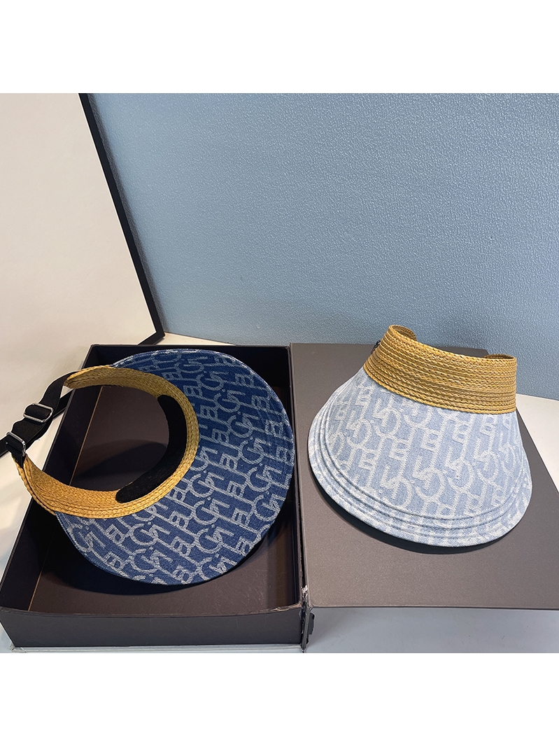 草编拼接牛仔空顶帽潮牌三角标女夏季百搭防晒遮阳大檐无顶太阳帽