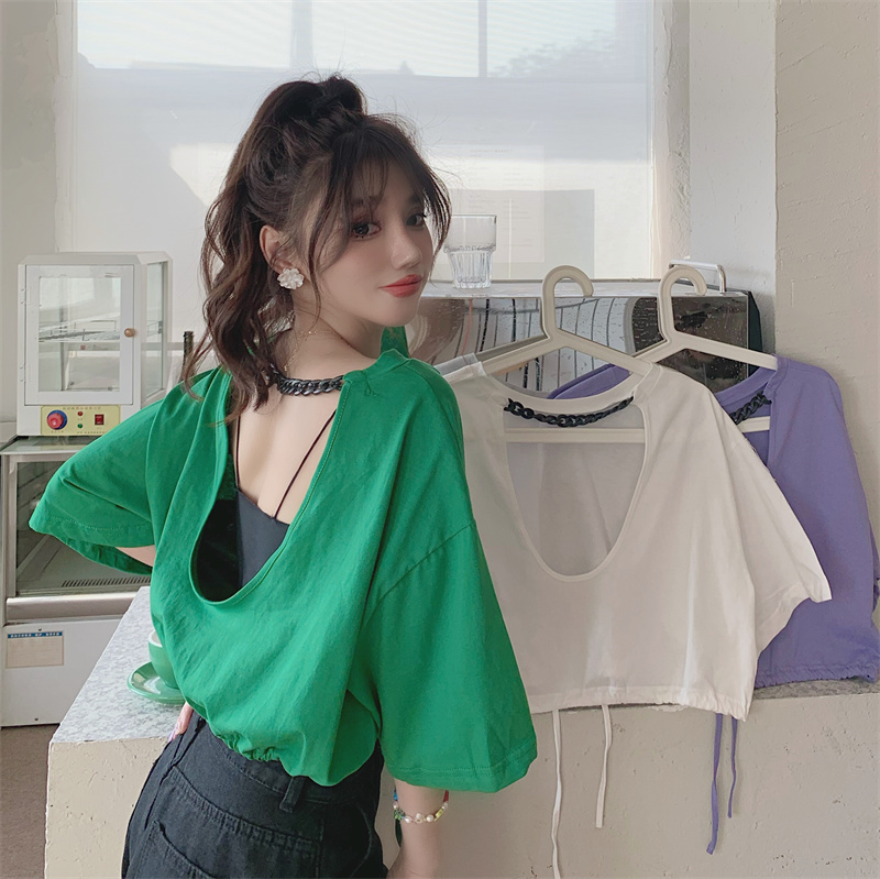 夏季新款时尚圆领宽松设计感小众镂空美背短袖纯色T恤上衣女