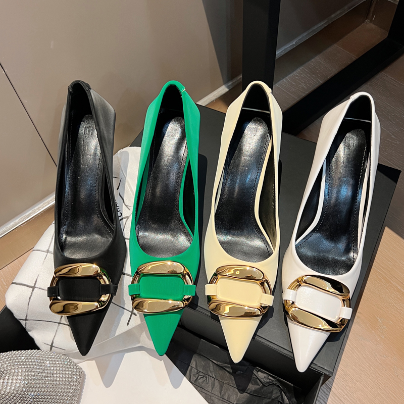 款欧美金属方扣细跟高跟鞋女百搭浅口气质尖头法式单鞋