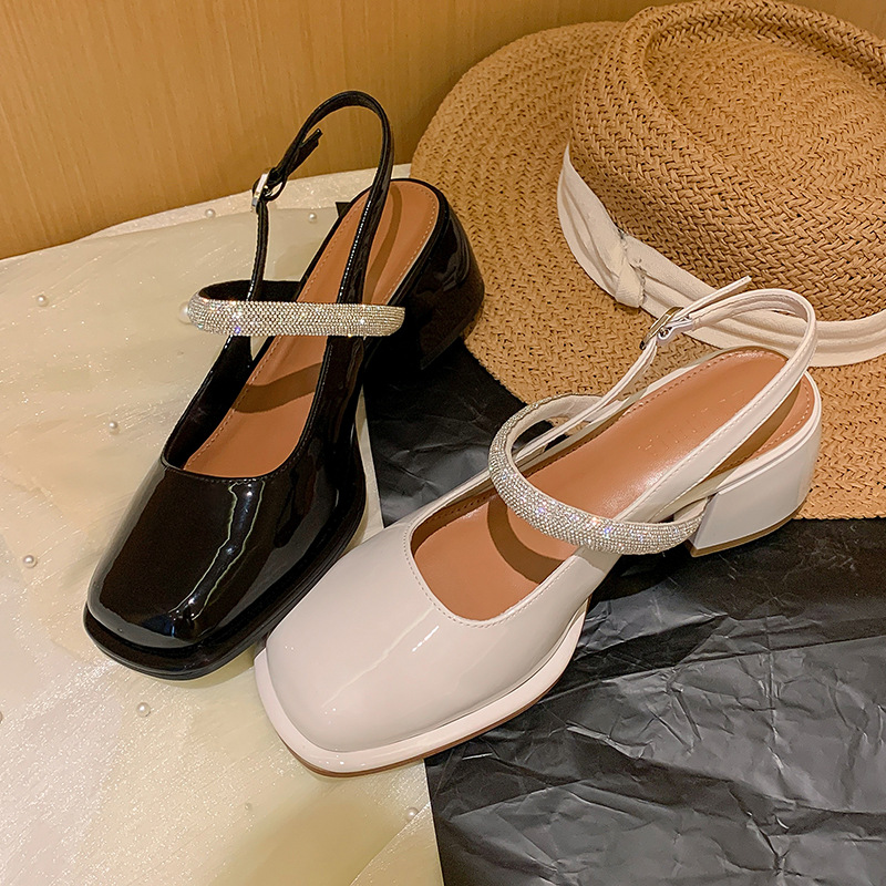 粗跟凉鞋女玛丽珍鞋新款夏季方头包头真皮水钻一字带高跟鞋