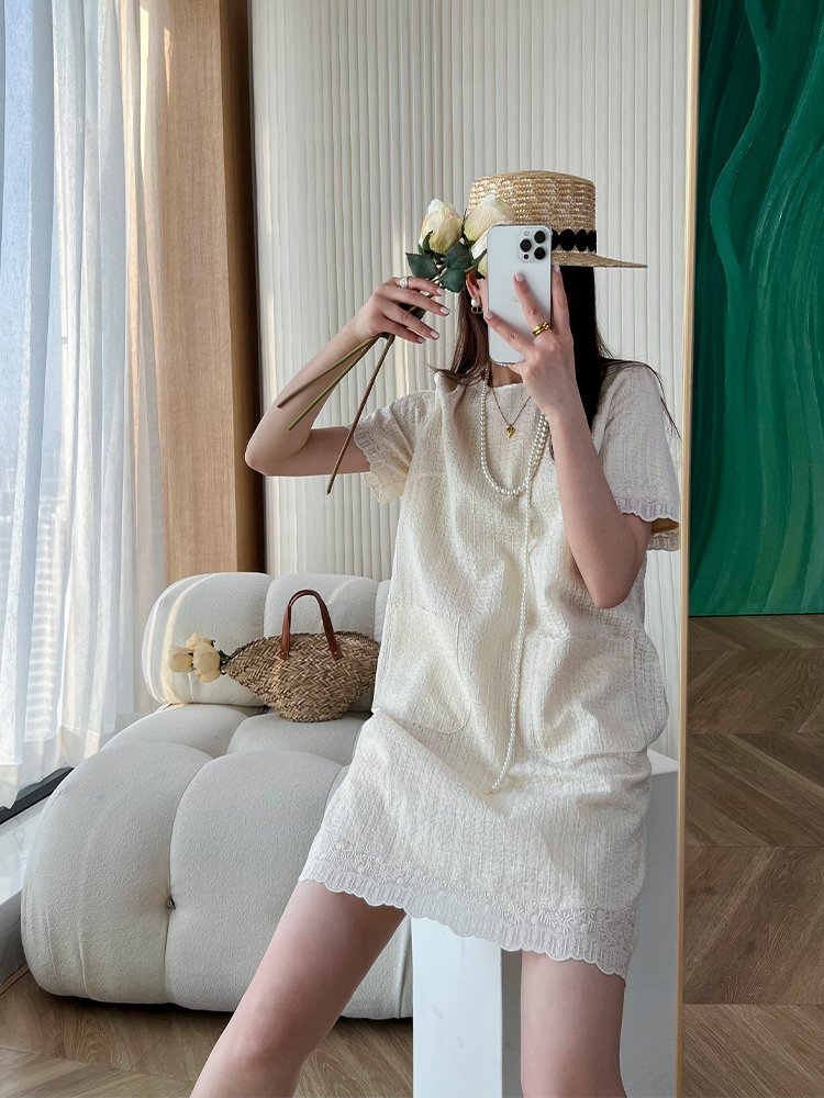 法式重工蕾丝刺绣天丝连衣裙宽松韩版气质显瘦A字中长款裙子