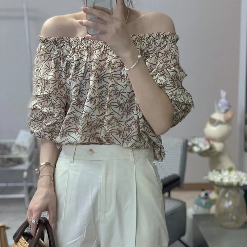 天丝棉松紧一字肩碎花女装衬衫夏季薄款露肩时尚街拍名媛风上衣