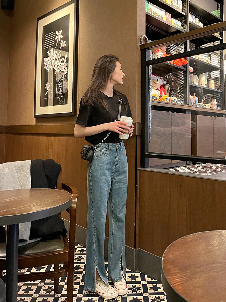 崛起的小个子开叉微喇叭牛仔裤女复古阔腿裤高腰拖地裤夏天薄款