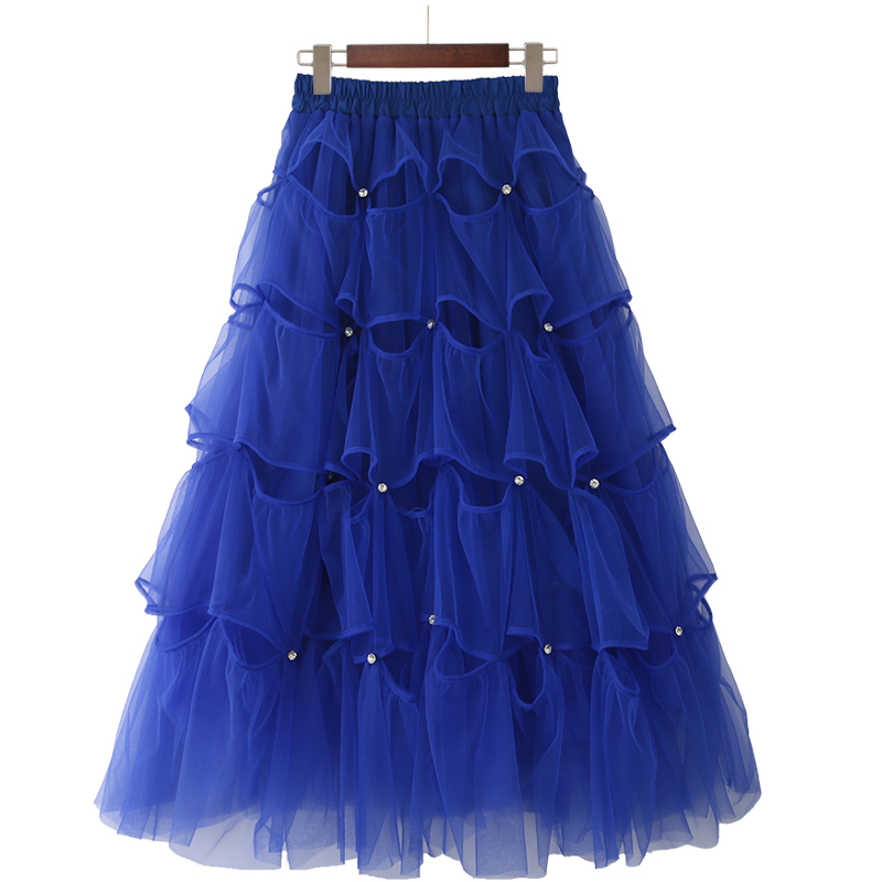 设计感镂空钉珠三层网纱裙 a型夏季蕾丝半身裙中长款洋气仙女裙子