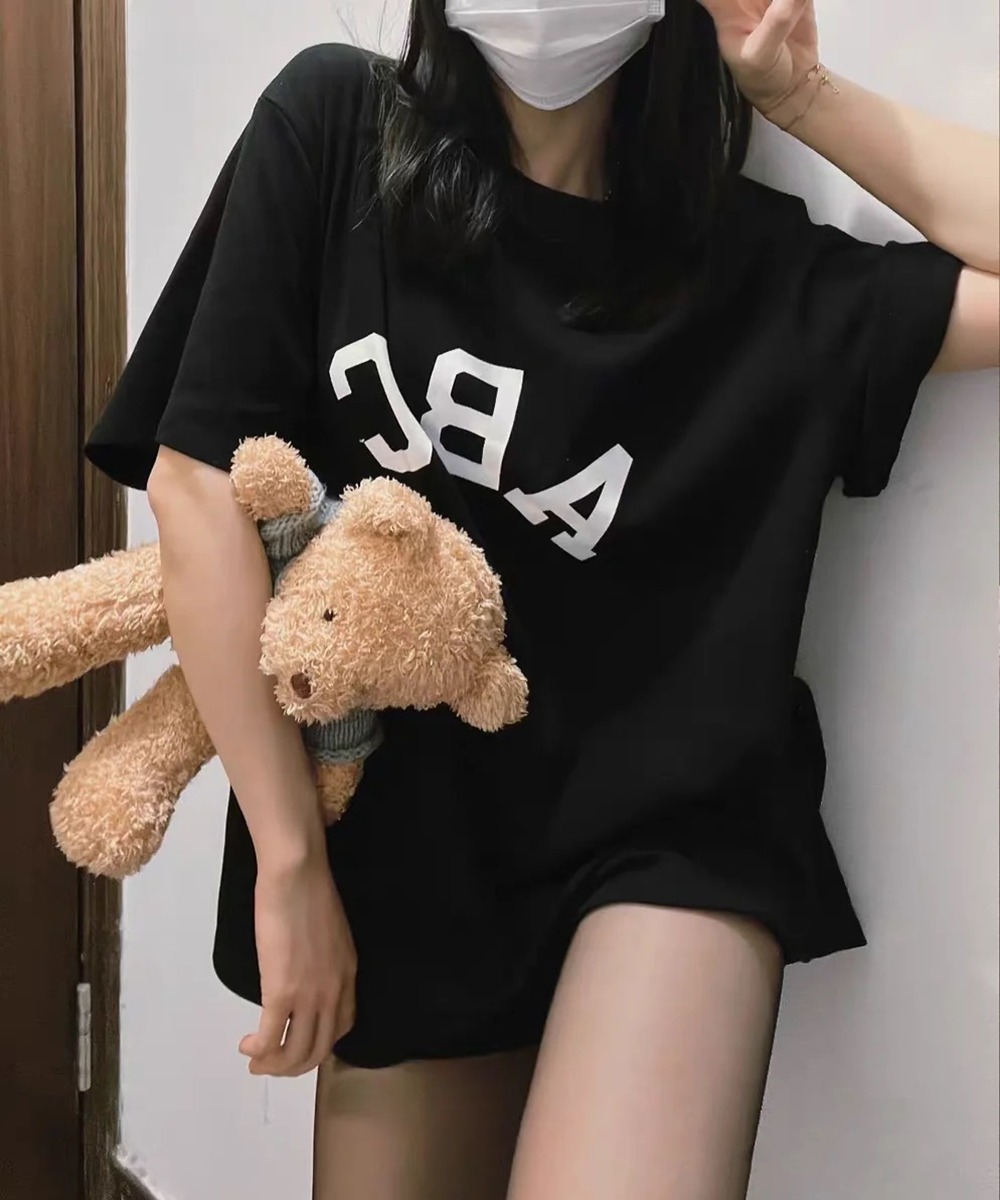 夏季休闲宽松字母印花圆领短袖韩版高街潮牌纯棉t恤女ins潮