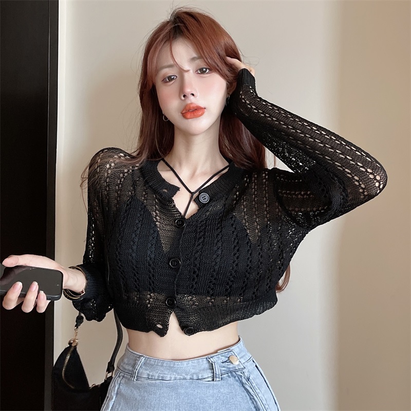 镂空外搭长袖针织开衫挂脖吊带女夏新款辣妹性感防晒长袖薄款上衣