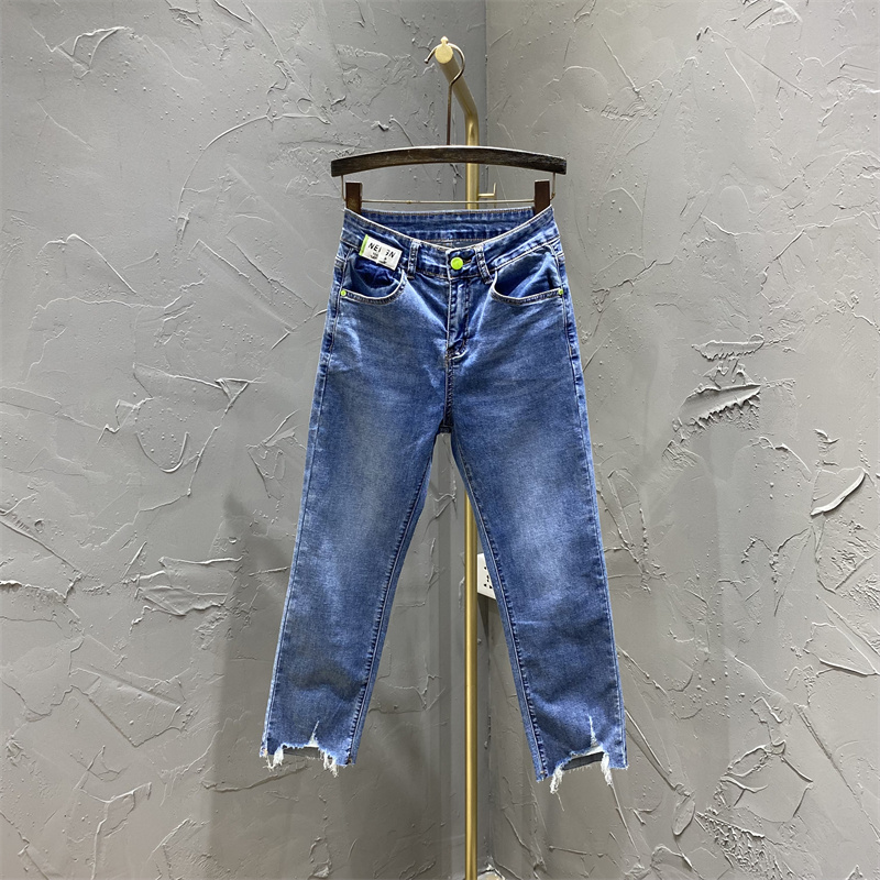 直筒牛仔裤女显瘦毛边八九分烟管裤子潮