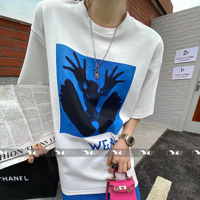 脚丫印花抽象韩国时尚百搭中长短袖