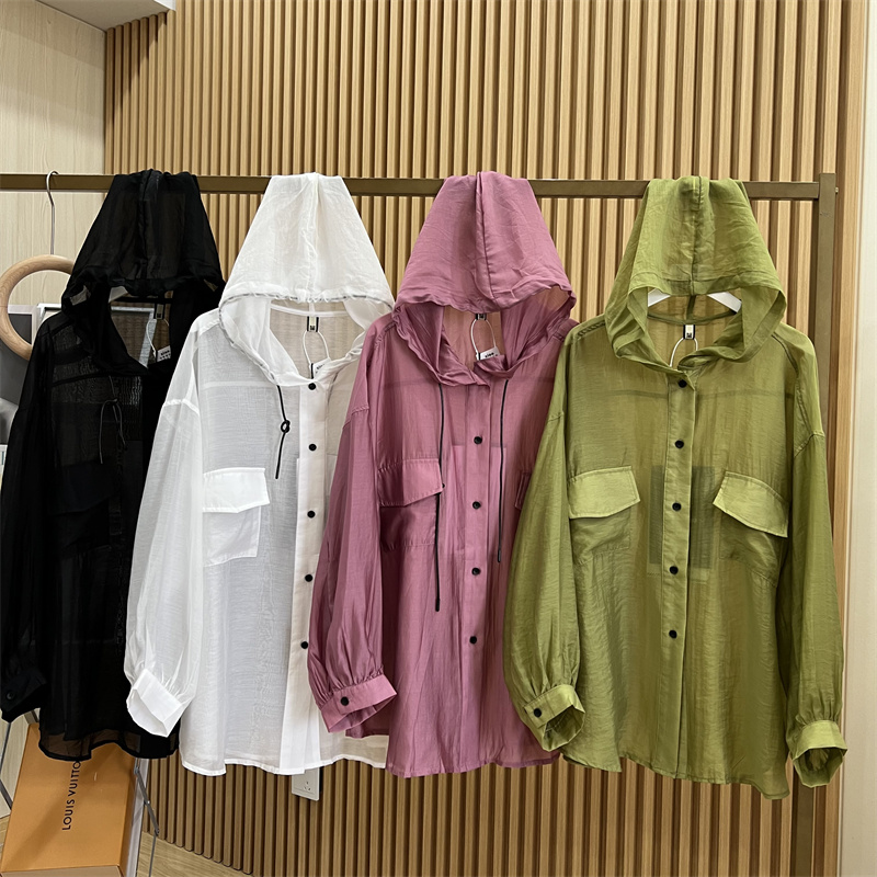 oversize欧货大码双口袋连帽天丝衬衫外套空调衫女