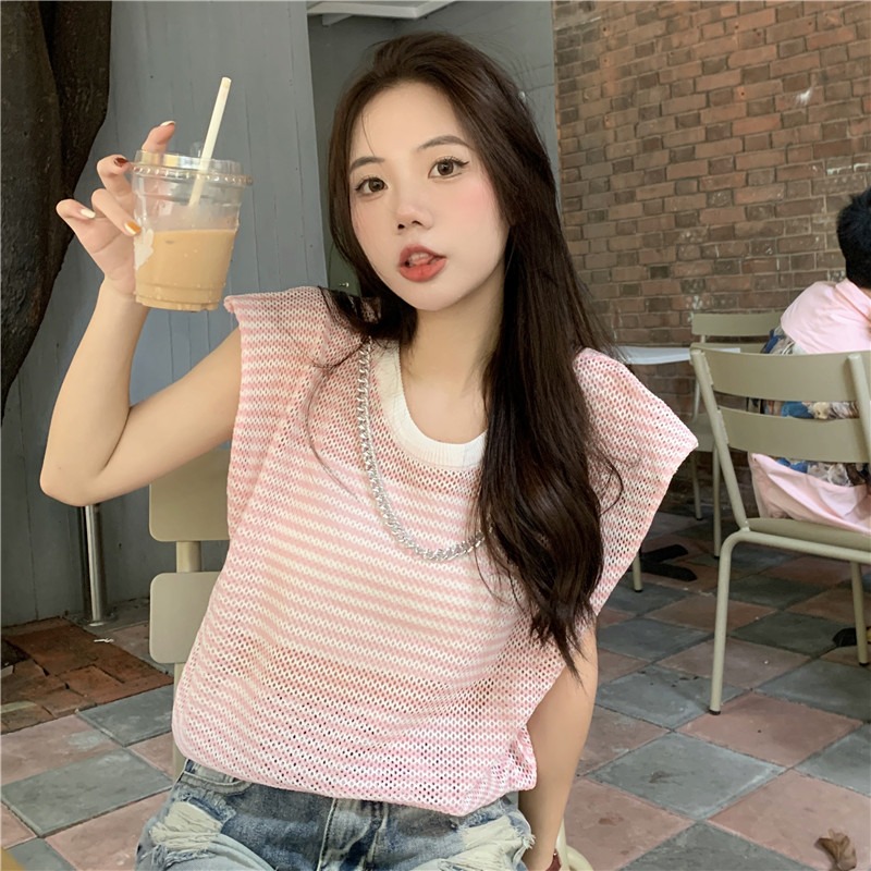 甜辣纯欲短款圆领条纹链条针织显瘦无袖针织衫