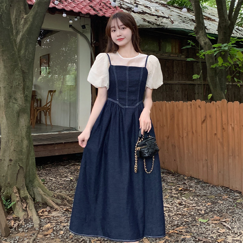 法式小众设计T恤牛仔吊带连衣裙女夏季新款气质长裙子两件套装