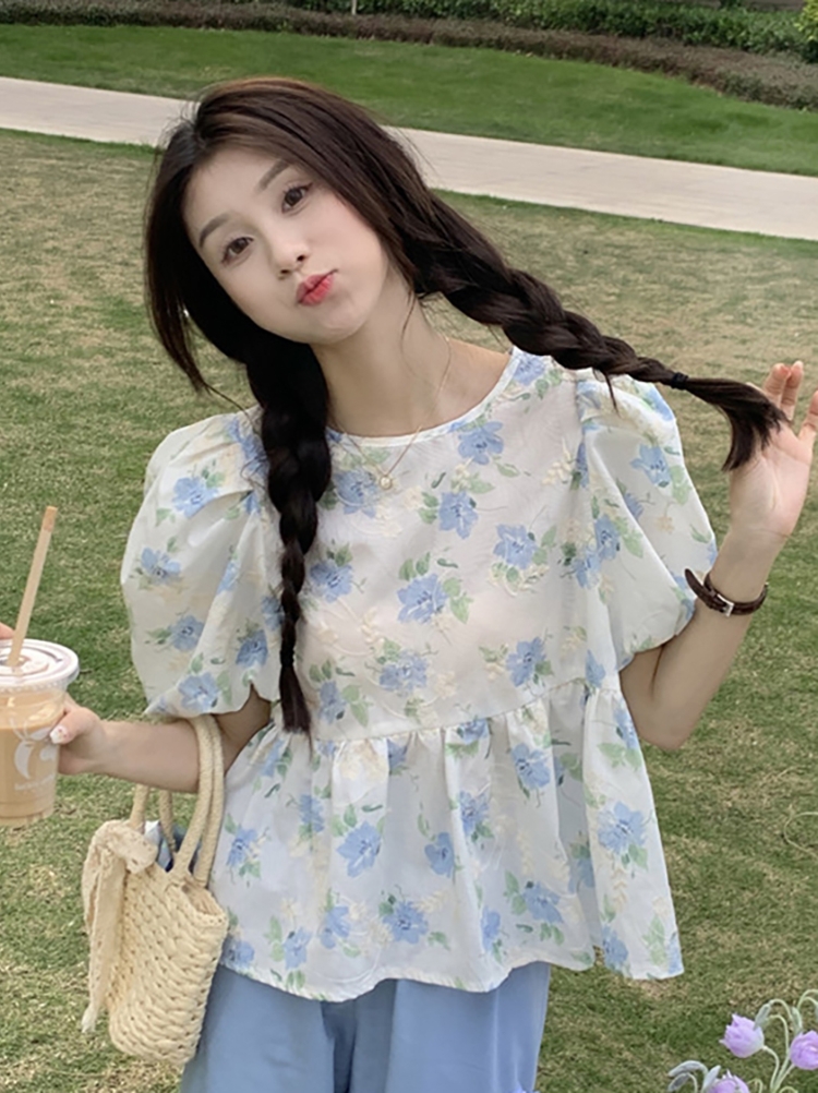 温柔风泡泡袖衬衫女装夏季新款重工碎花刺绣很仙的短袖雪纺衫