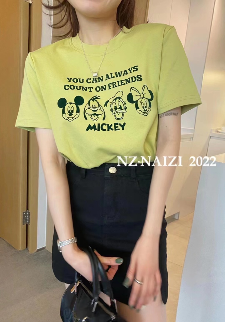 新款夏季卡通米奇老鼠圆领套头宽松T恤糖果色女洋气