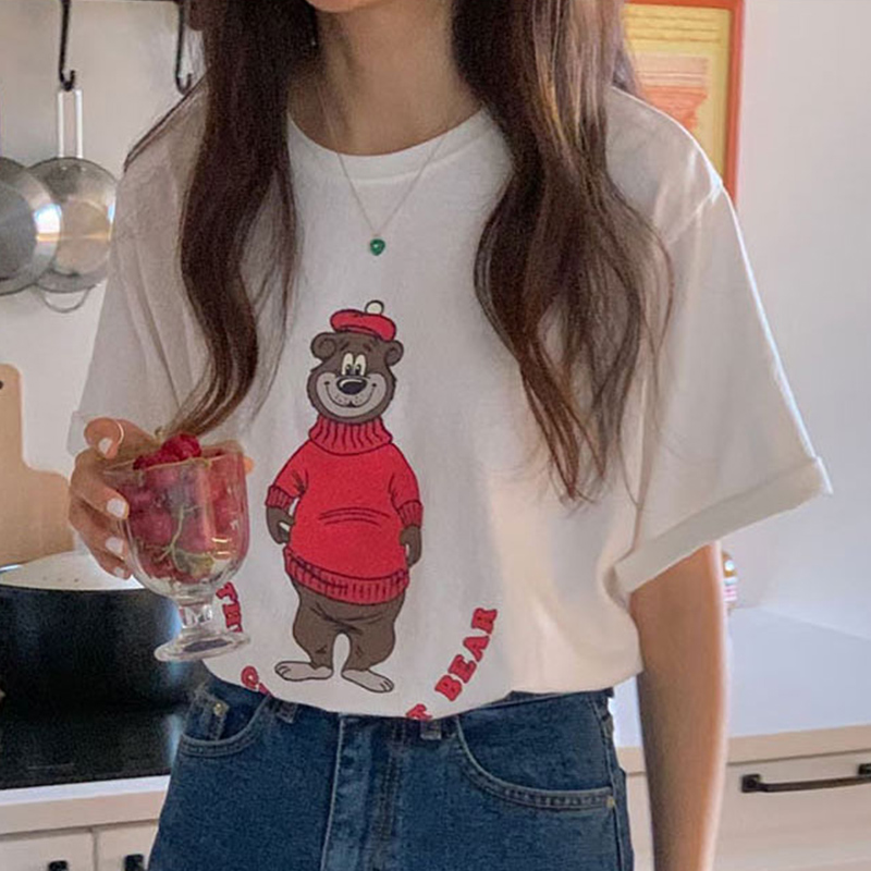 韩国chic休闲慵懒风圆领字母小熊印花设计宽松百搭短袖T恤上衣女