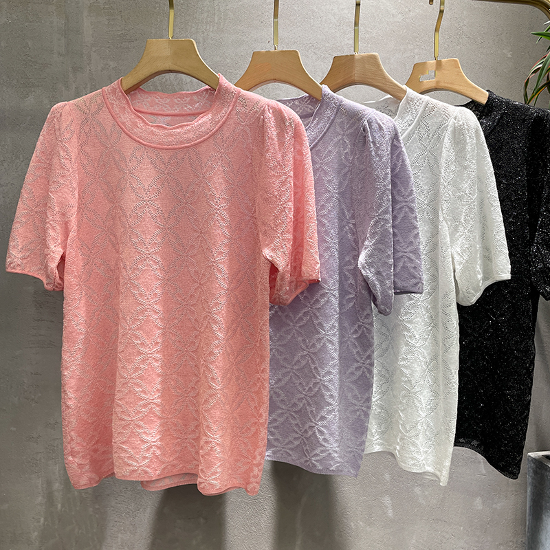 圆领短袖泡泡袖纯色小衫女镂空提花冰丝针织衫女T恤