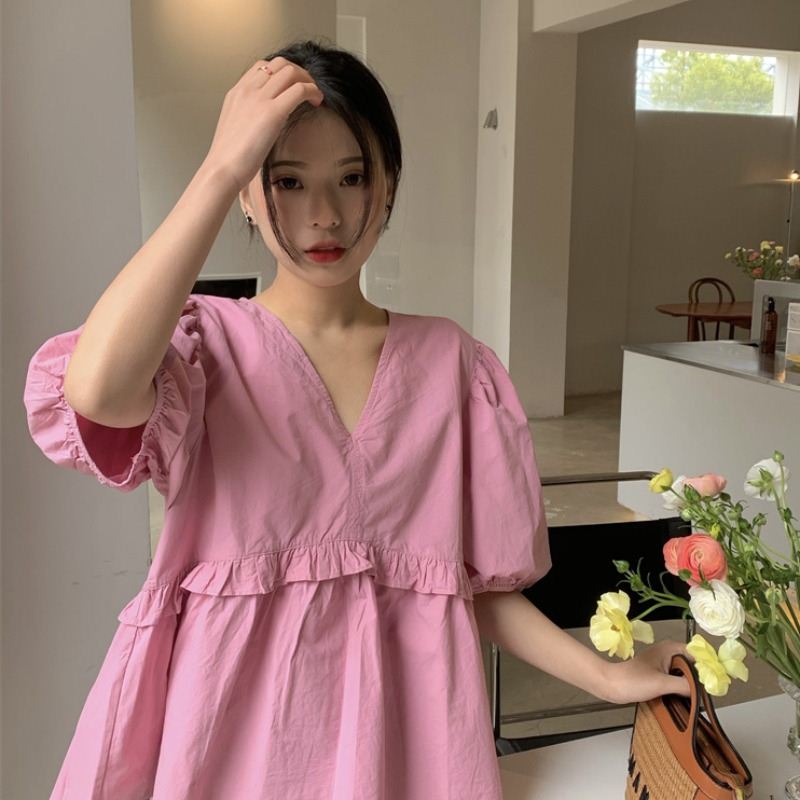 粉色V领泡泡袖衬衫女设计感小众夏季款法式温柔风韩系上衣