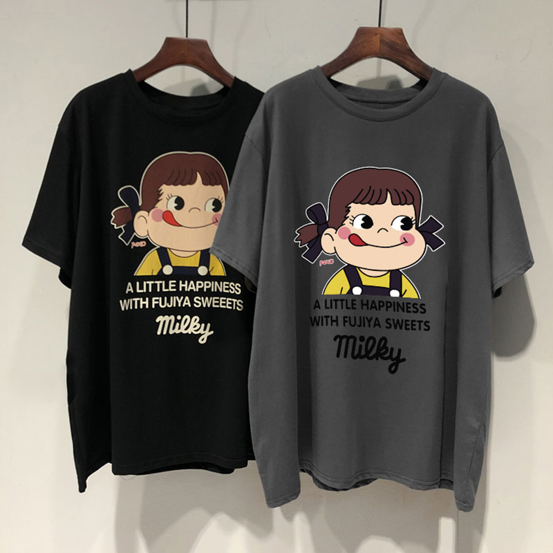 宽松可爱卡通小女孩图案中长款短袖T恤女潮