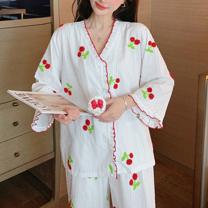 白色纯棉睡衣女春秋长袖ins风甜美高级家居服樱桃夏天薄款