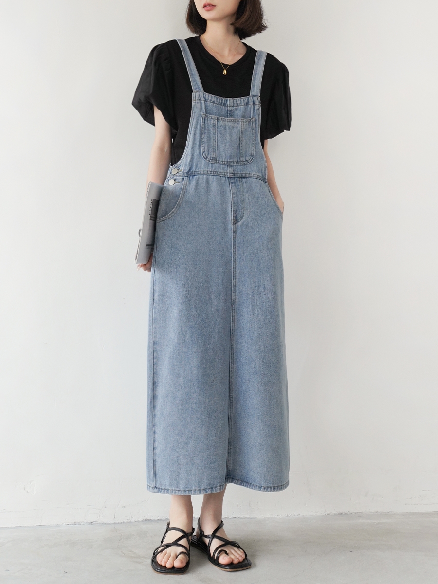 设计感后开叉牛仔背带裙女新款夏天口袋无袖连衣裙宽松休闲吊带裙