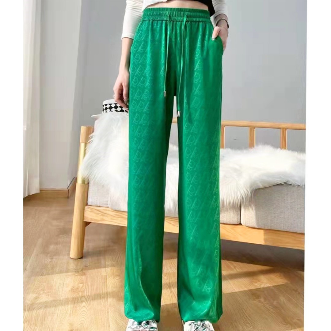 新款立体压花缎面垂感休闲直筒拖地裤绿色简约时尚阔腿裤