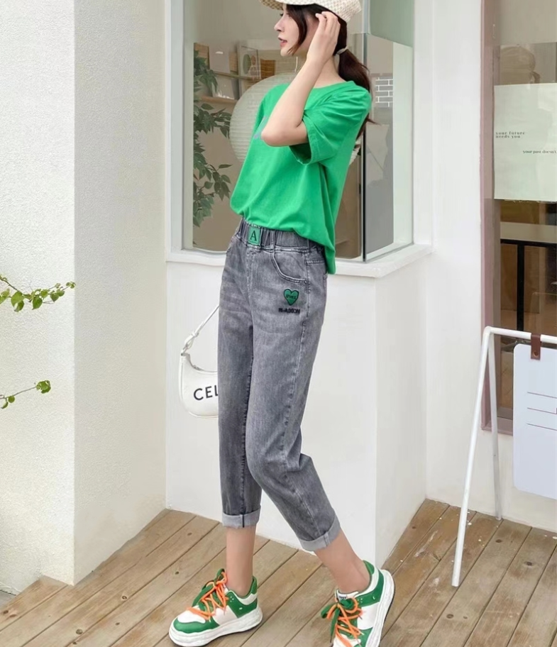 夏季薄款九分烟灰色水洗牛仔裤女宽松哈伦老爹裤