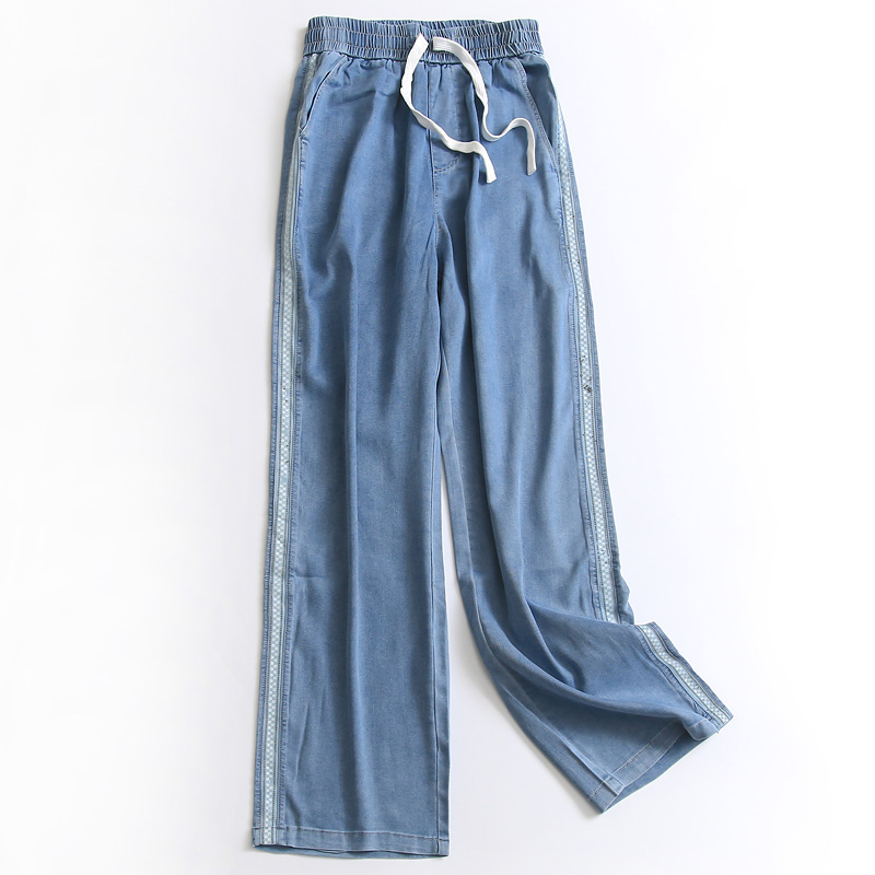 侧边条纹系带松紧腰薄款阔腿裤夏季新款