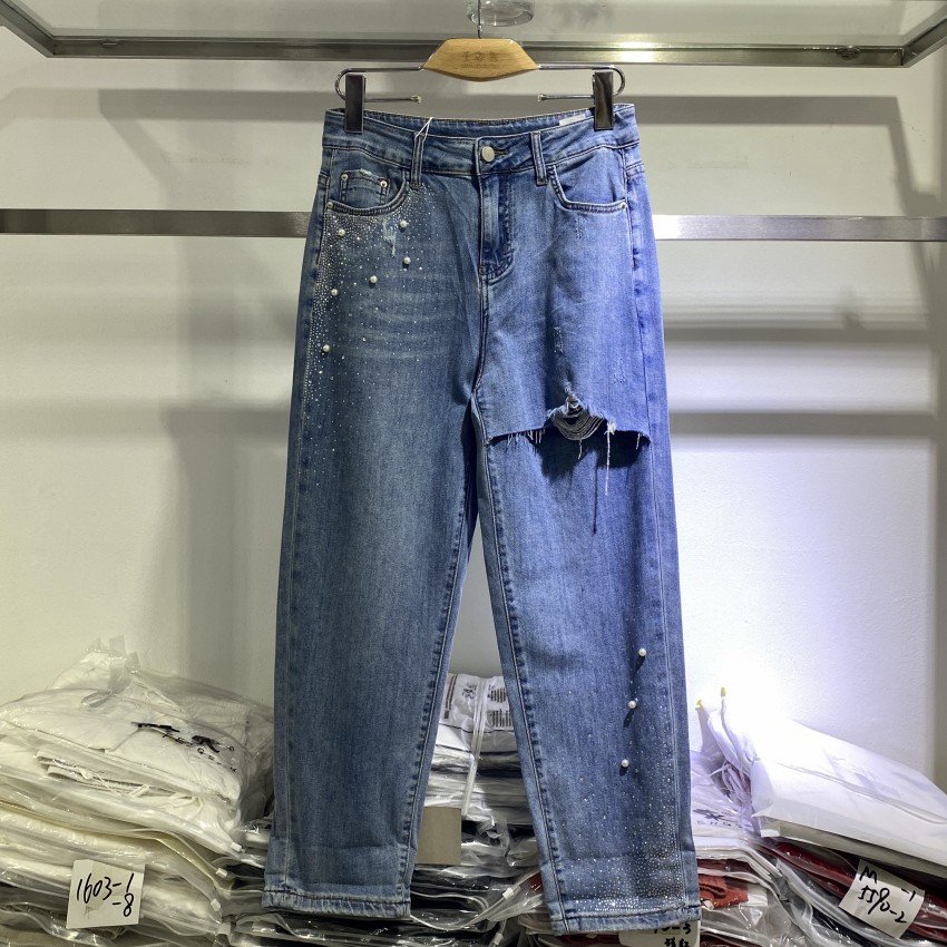 哈伦牛仔女夏高腰烫钻破洞宽松老爹裤禾色锦