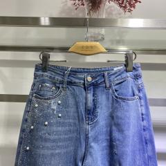 哈伦牛仔女夏高腰烫钻破洞宽松老爹裤禾色锦