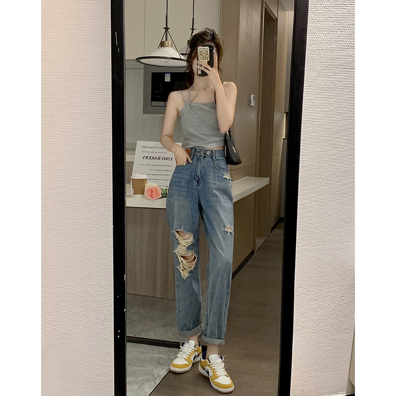 高腰老爹裤女小个子破洞牛仔裤夏季哈伦长裤子薄