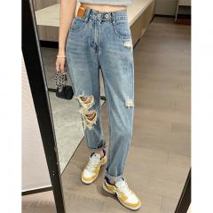 高腰老爹裤女小个子破洞牛仔裤夏季哈伦长裤子薄