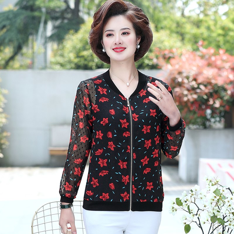 防晒衣服中年女装条纹网纱夹克棒球服风衣中老年外套