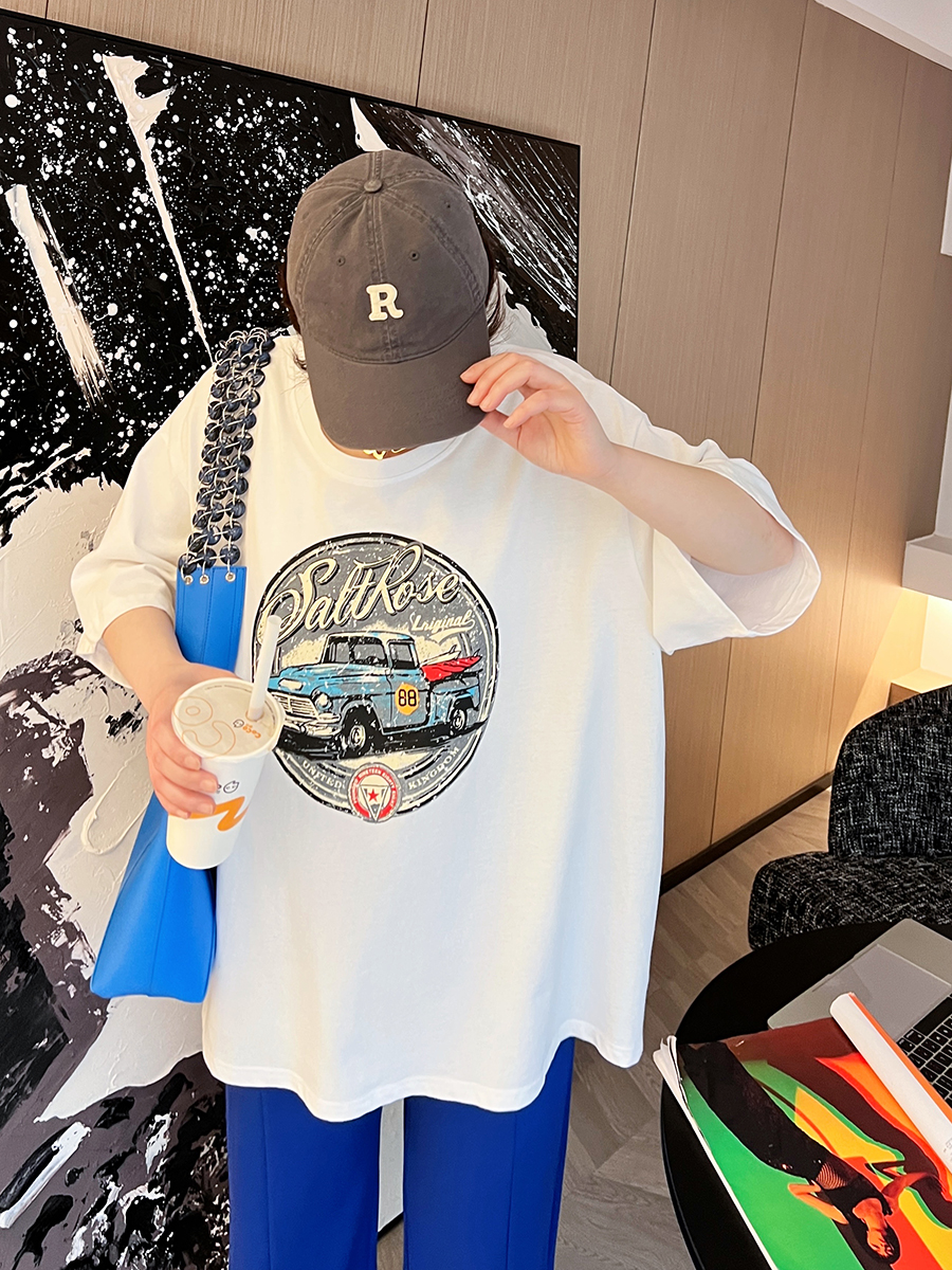 韩版休闲宽松汽车印花圆领大码短袖减龄T恤上衣