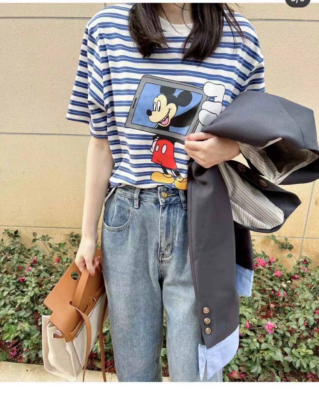 韩国米奇卡通条纹T恤女夏季小众百搭纯棉宽松ins短袖上衣潮