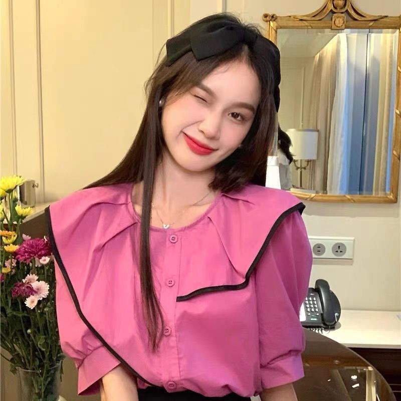 夏新款荷叶边上衣泡泡袖衬衫设计感小众洋气减龄短袖