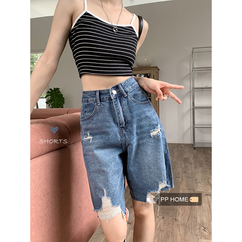高腰休闲百搭牛仔短裤女夏季休闲破洞毛边五分裤