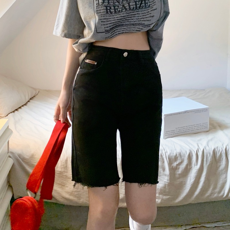 黑色阔腿牛仔裤女韩版新款夏季复古裤子高腰显瘦直筒五分裤