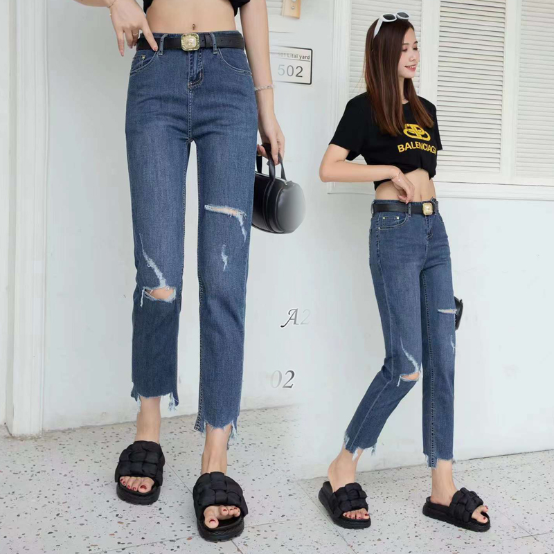 破洞牛仔裤女夏高腰显瘦直筒烟管裤时尚毛边小个子裤