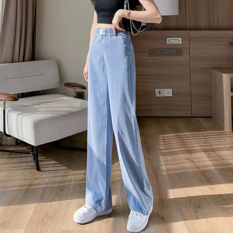 天丝牛仔裤少女夏季薄款高腰垂感初中高中学生冰丝小个子阔腿裤子