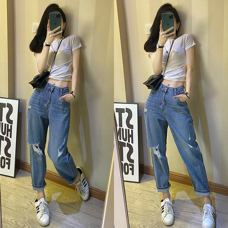 破洞牛仔裤女夏季宽松萝卜裤子韩版新款高腰显瘦薄款老爹裤