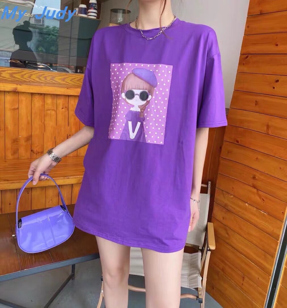 夏装新款女装撞色紫色创意上衣印花休闲宽松大版T恤潮