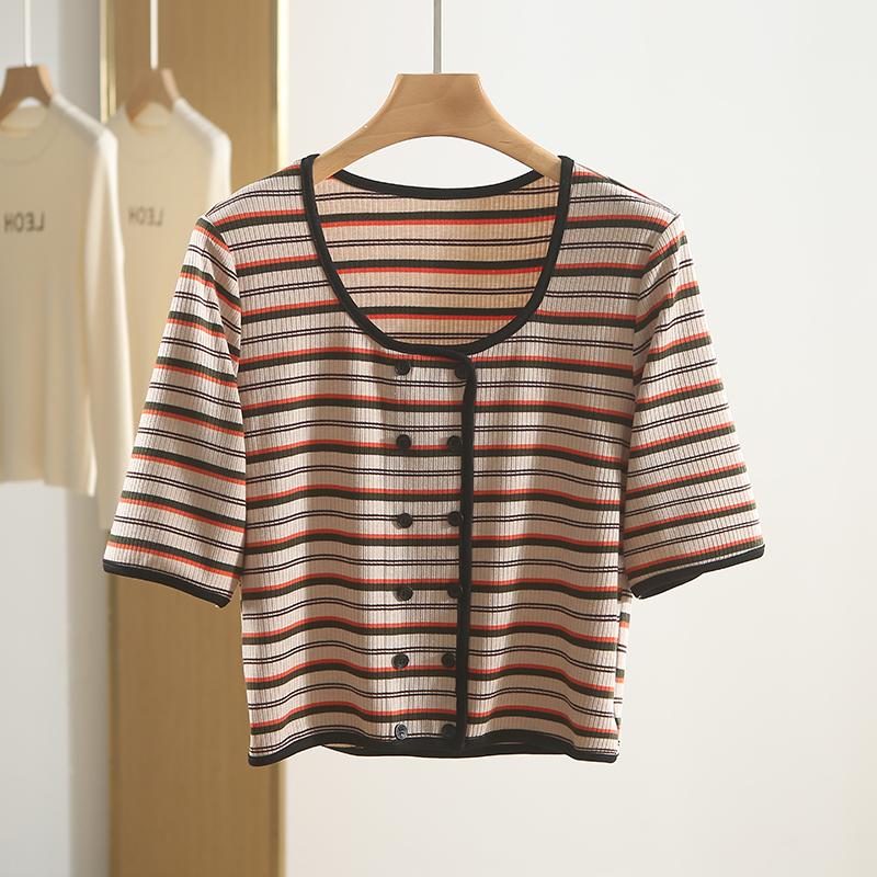 圆领套头条纹针织衫短袖上衣